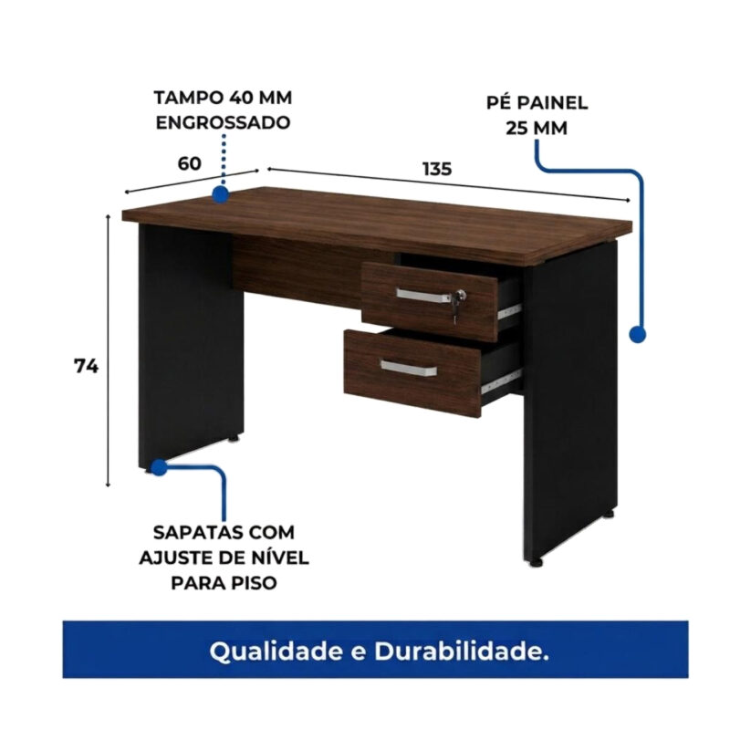 Diagrama da mesa com gavetas louro e preto, medidas e indicações de tampo de 40 mm, pés de 25 mm e sapatas ajustáveis.