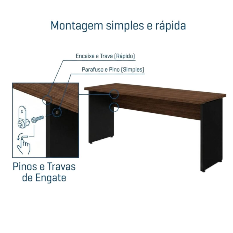 Mesa com tampo amadeirado e pés pretos, acompanhada de ampliação dos encaixes e desenho de pinos e travas.