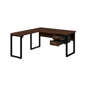Mesa industrial em L louro e preto com duas gavetas abertas à direita e três pés metálicos em formato de quadro.