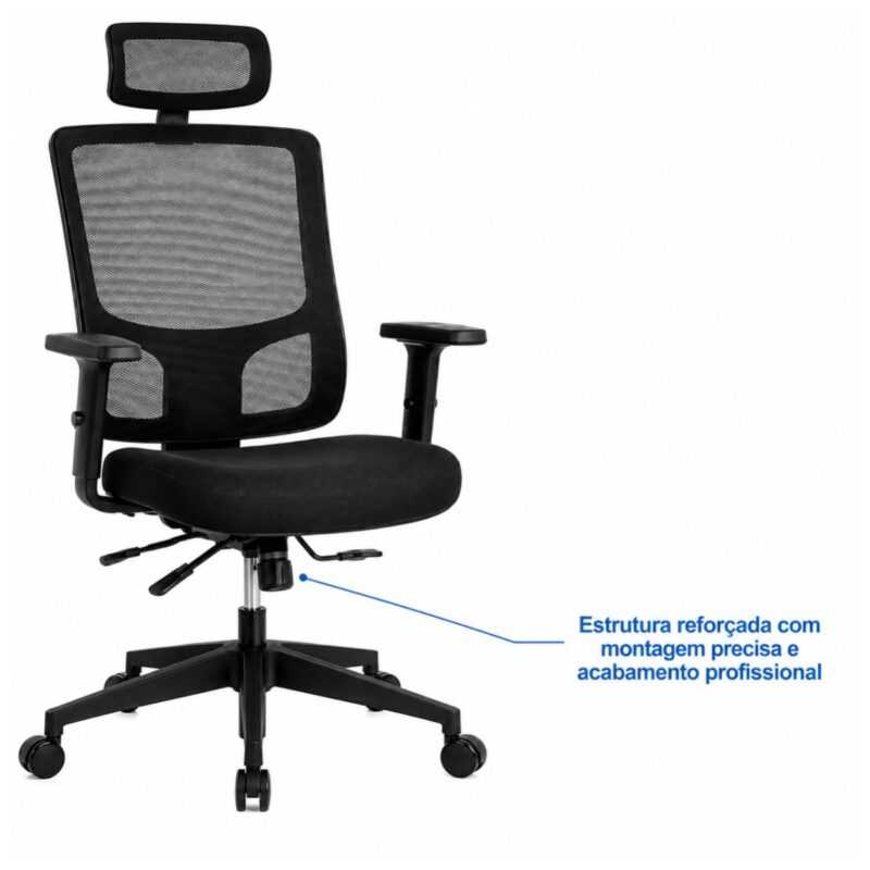 Close-up lateral dos encaixes entre apoio de cabeça, encosto e braço da cadeira presidente ergonômica.