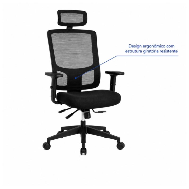 Imagem técnica do encosto em tela mesh com regulagem de altura da cadeira presidente ergonômica NR-17.
