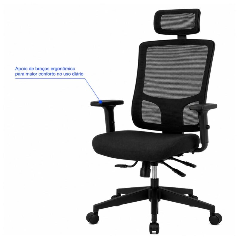 Imagem técnica do mecanismo Back System e da estrutura inferior da cadeira presidente ergonômica.