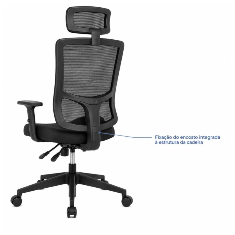 Imagem técnica do design geral da cadeira presidente ergonômica preta com apoio de cabeça e base giratória.