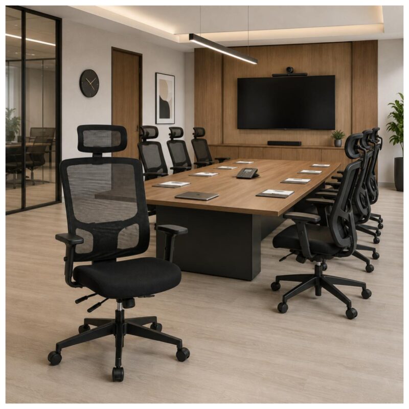 Cadeira presidente ergonômica preta posicionada em coworking moderno com mobiliário profissional.