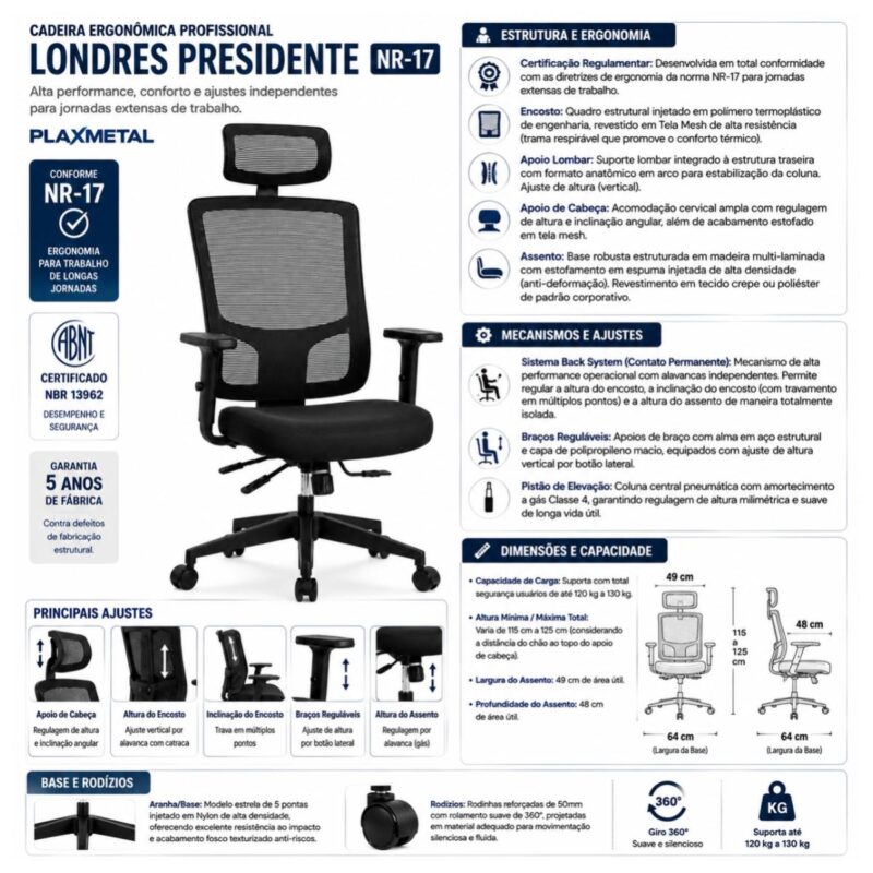 Cadeira presidente ergonômica preta aplicada em escritório operacional, call center ou open space.