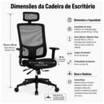 Ficha técnica da cadeira presidente ergonômica NR-17 com estrutura, regulagens, dimensões, base e rodízios.