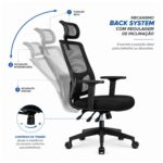 Medidas da cadeira presidente ergonômica com altura de 115 a 125 centímetros e assento de 49 por 48 centímetros.