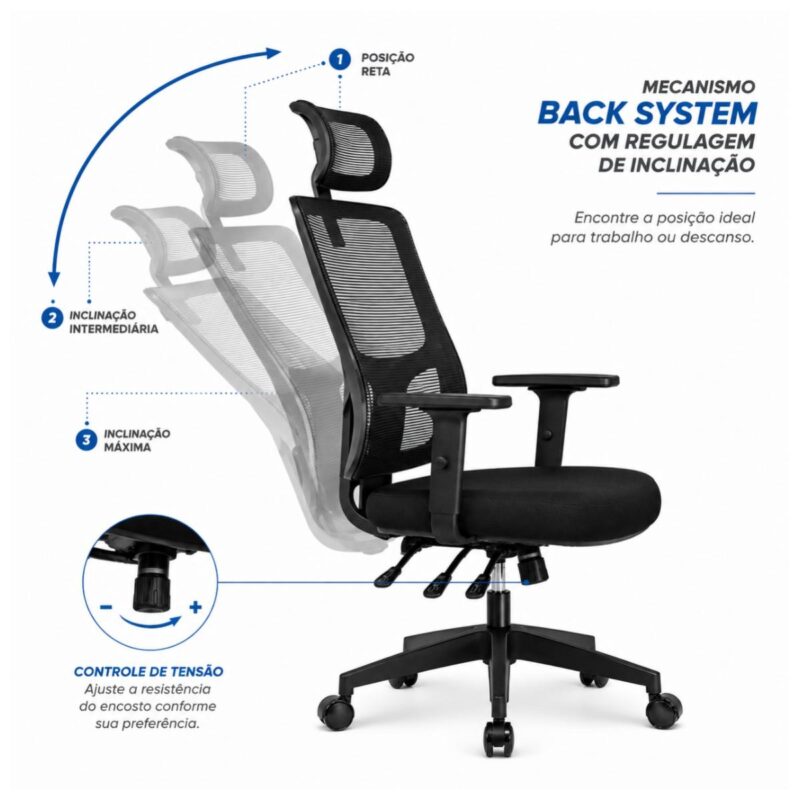 Medidas da cadeira presidente ergonômica com altura de 115 a 125 centímetros e assento de 49 por 48 centímetros.