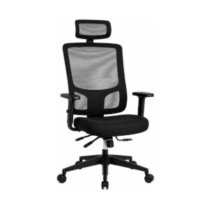 Cadeira de escritório presidente ergonômica giratória preta com encosto em tela mesh, apoio de cabeça e braços reguláveis.