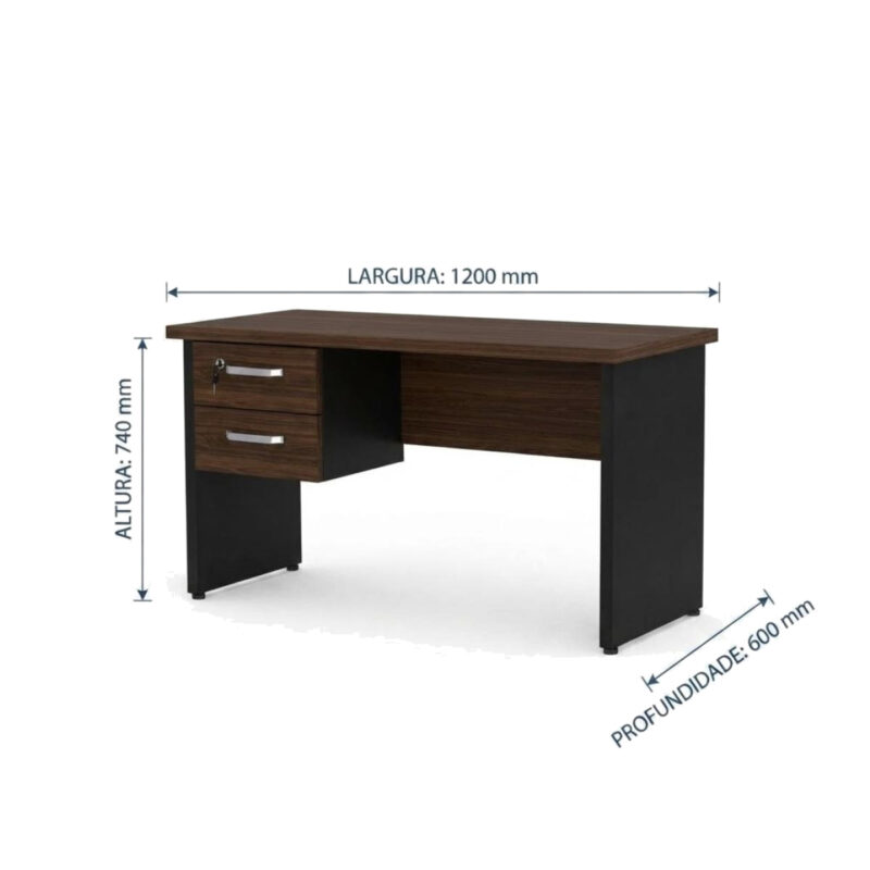 Mesa louro e preto com duas gavetas e marcações de 1.200 mm de largura, 600 mm de profundidade e 740 mm de altura.