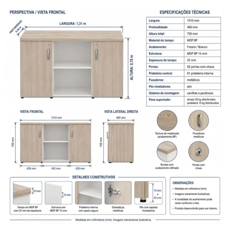 Móveis para Escritório Armário Baixo Credenza com Nicho - 1,31x0,75X0,46m - Fresno / Branco - 71022