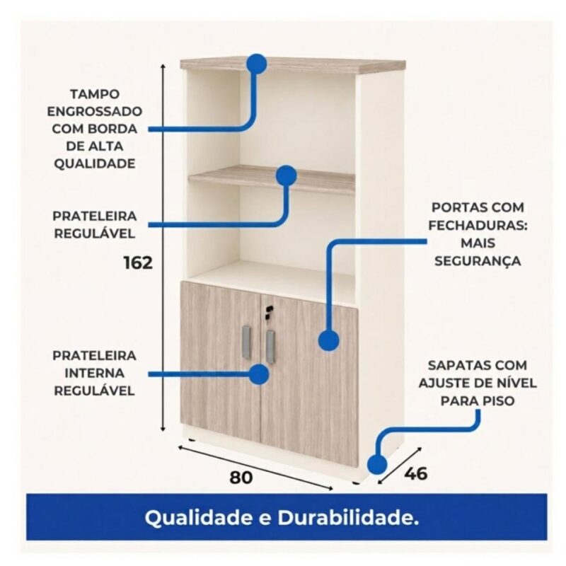 Móveis para Escritório Armário Alto Escritório Semi-Aberto com 02 Portas - 1,62×0,80×0,46m - Fresno / Branco – 71021