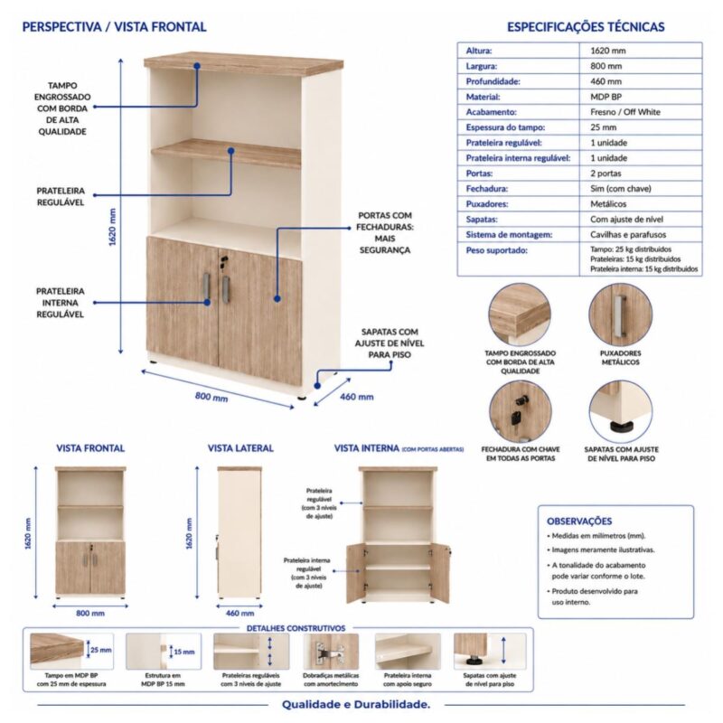 Móveis para Escritório Armário Alto Escritório Semi-Aberto com 02 Portas - 1,62×0,80×0,46m - Fresno / Branco – 71021