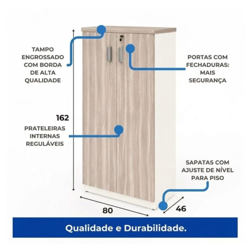 Móveis para Escritório Armário Alto Fechado Escritório com 02 Portas – 1,60×0,80×0,46m – Fresno / Branco - 71020
