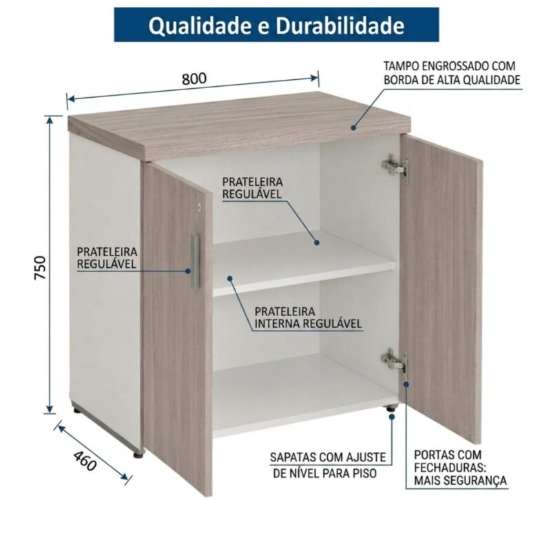 Móveis para Escritório Armário Baixo Escritório com 02 Portas - 0,80x0,0,46m - Fresno / Branco - 71024
