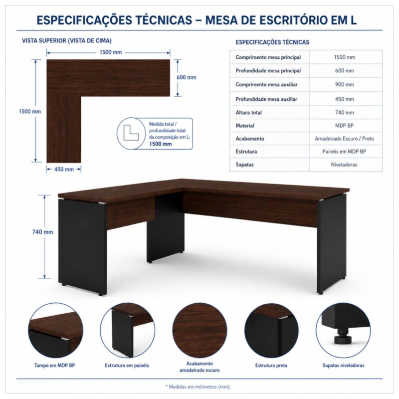 Móveis para Escritório Mesa para Escritório em "L" (Mesa 1,50m + Mesa Auxiliar) - Sem Gavetas - Louro / Preto - 23476