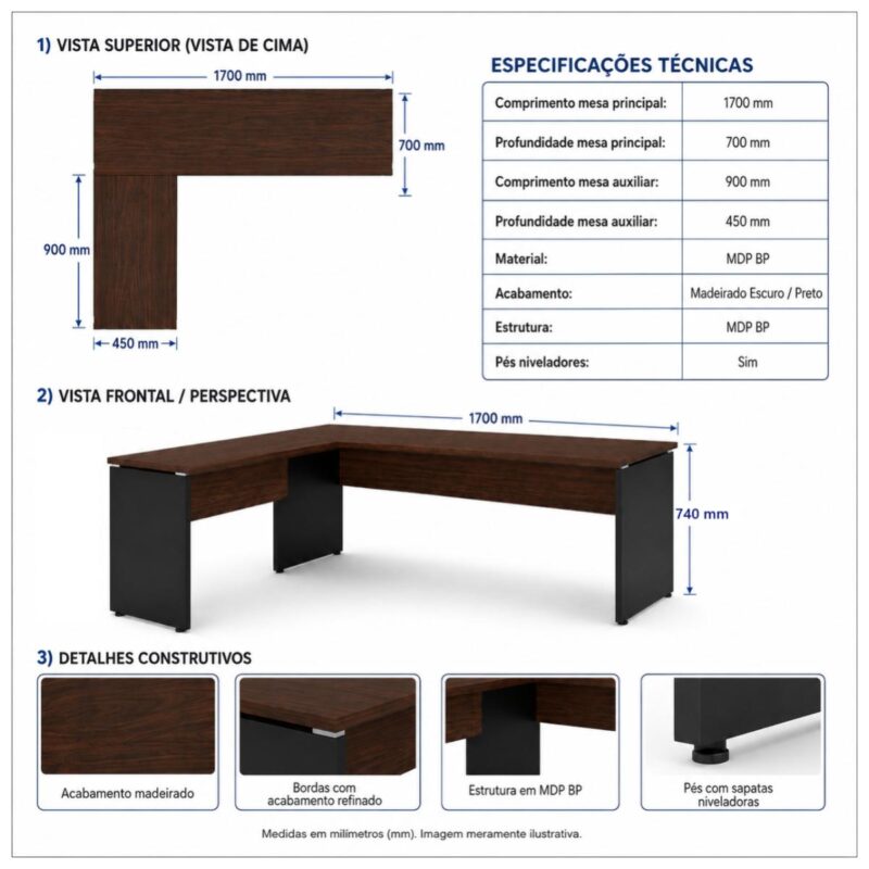 Móveis para Escritório Mesa para Escritório em "L" (Mesa 1,70m + Mesa Auxiliar) - Sem gavetas - Louro / Preto - 23478
