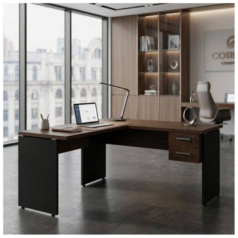 Móveis para Escritório Mesa para Escritório em L (Mesa 1,35m + Mesa Auxiliar) Com Gavetas – Louro / Preto – 25423