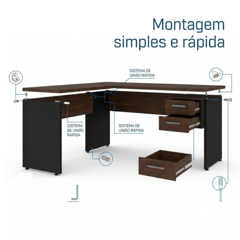 Móveis para Escritório Mesa para Escritório em "L" (Mesa 1,50m + Mesa Auxiliar) - Com Gavetas - Louro / Preto - 23477
