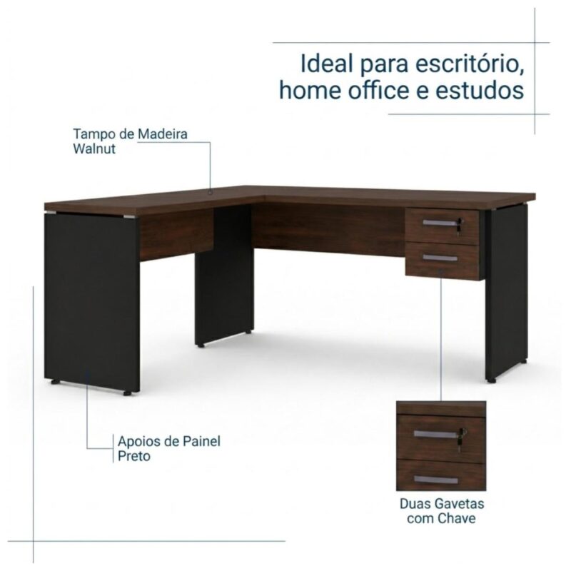 Móveis para Escritório Mesa para Escritório em L (Mesa 1,70m + Mesa Auxiliar) Com Gavetas – Louro / Preto – 23479