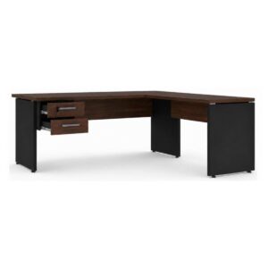 Mesa para Escritório em L (Mesa 1,70m + Mesa Auxiliar) Com Gavetas – Louro / Preto – 23479