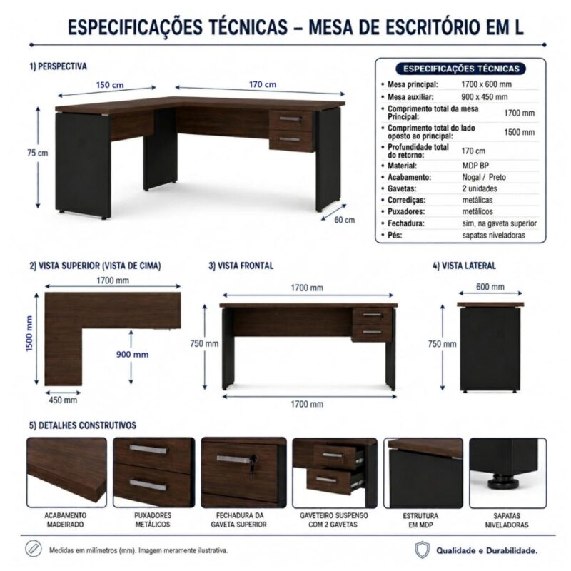 Móveis para Escritório Mesa para Escritório em L (Mesa 1,70m + Mesa Auxiliar) Com Gavetas – Louro / Preto – 23479