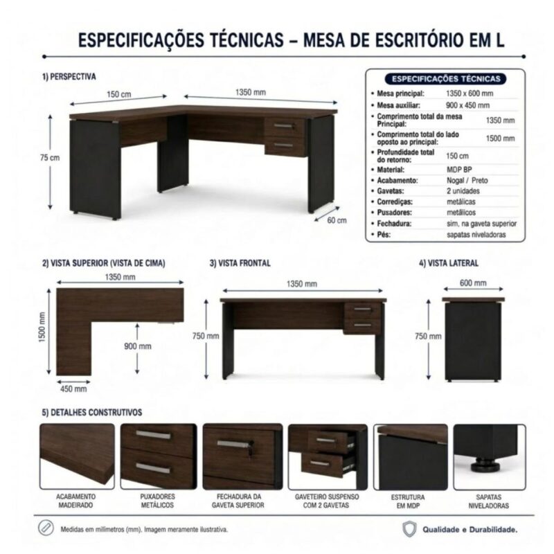 Móveis para Escritório Mesa para Escritório em L (Mesa 1,35m + Mesa Auxiliar) Com Gavetas – Louro / Preto – 25423
