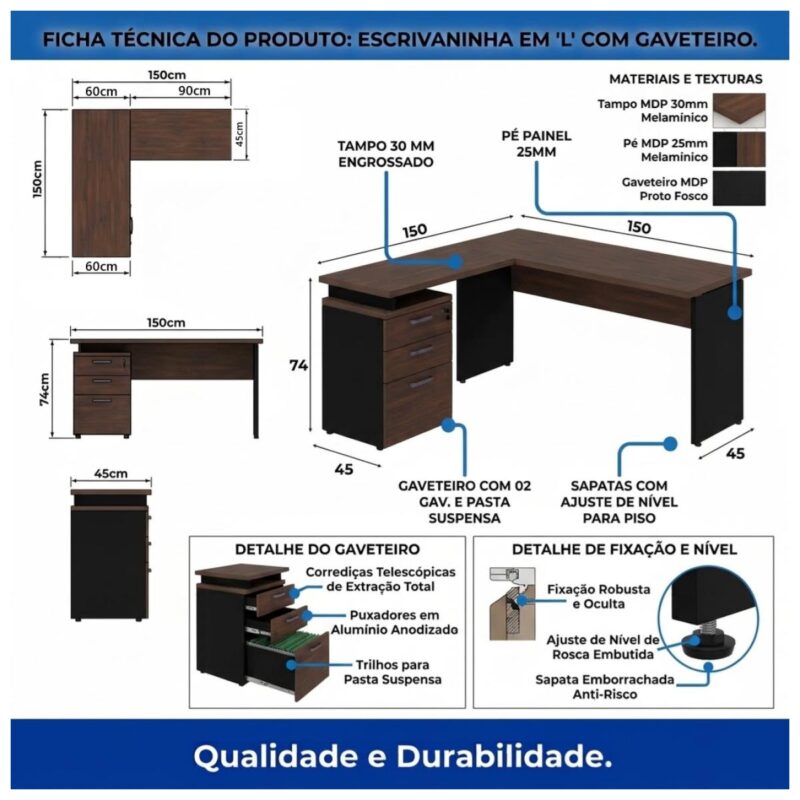Móveis para Escritório Mesa para Escritório em "L" c/ Gavetão na Auxiliar 1,50x1,50m - Louro / Preto - 23480