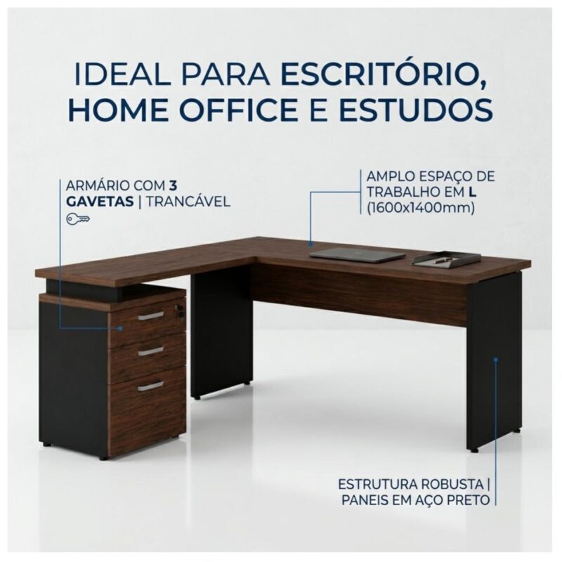 Móveis para Escritório Mesa para Escritório em "L" c/ Gavetão na Auxiliar 1,50x1,50m - Louro / Preto - 23480