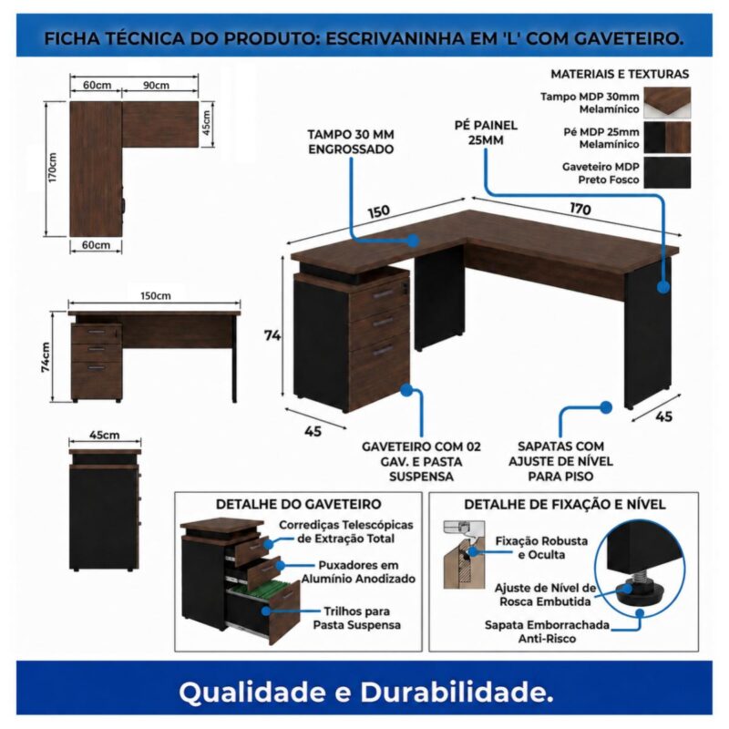 Móveis para Escritório Mesa para Escritório em "L" c/ Gavetão na Auxiliar 1,70x1,50m - Louro / Preto - 23481