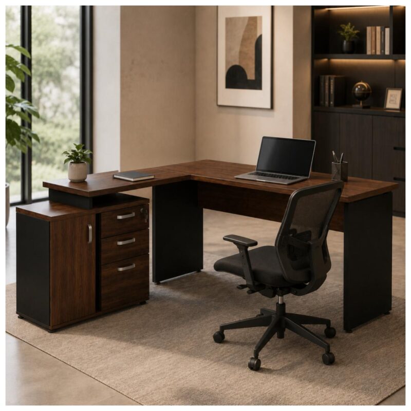 Móveis para Escritório Mesa Escritório em "L" - 1,50x1,50m (Extensível) - com Armário Misto (03 Gav.) - Louro / Preto - 23482
