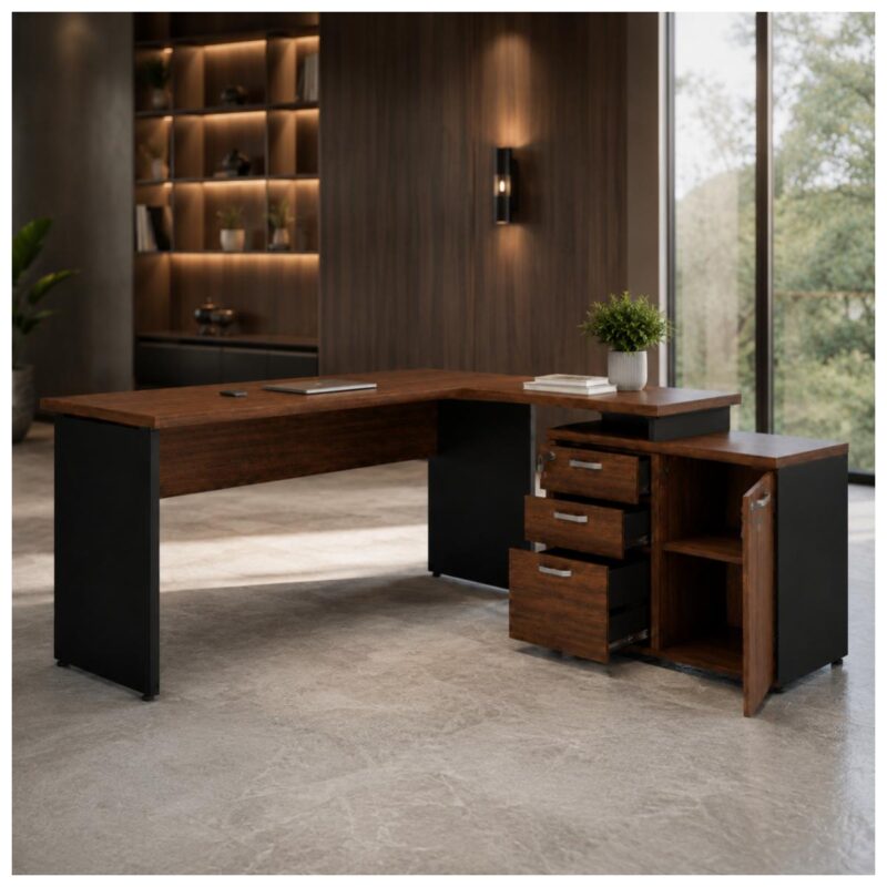 Móveis para Escritório Mesa Escritório em "L" - 1,50x1,50m (Extensível) - com Armário Misto (03 Gav.) - Louro / Preto - 23482