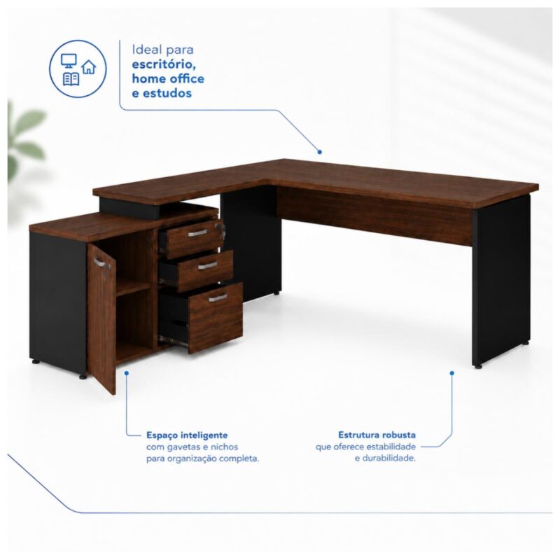 Móveis para Escritório Mesa Escritório em "L" - 1,70x1,50m (Extensível) - com Armário Misto (03 Gav.) - Louro / Preto - 23489