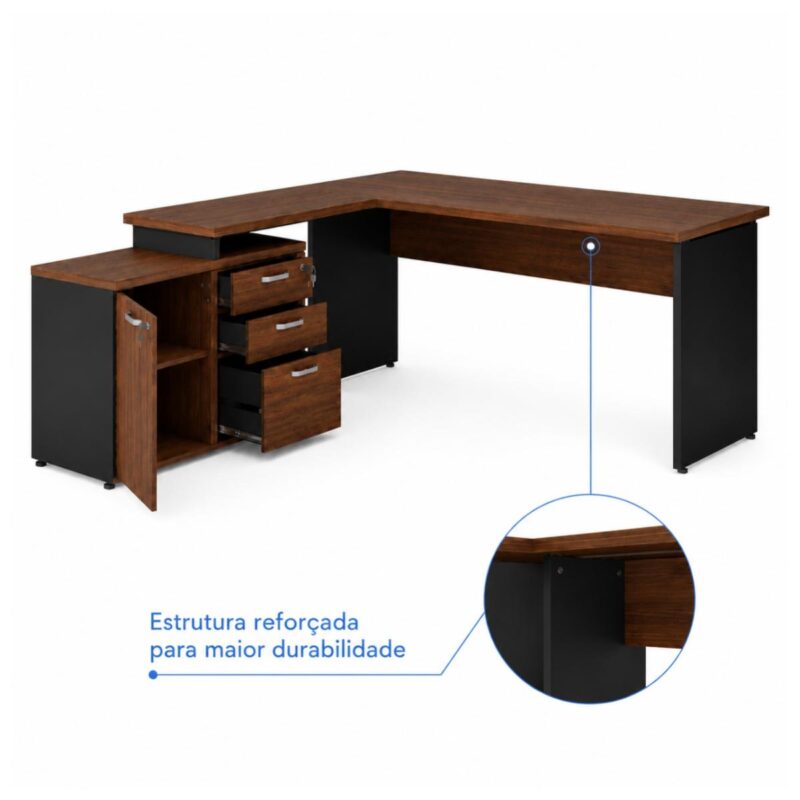 Móveis para Escritório Mesa Escritório em "L" - 1,70x1,50m (Extensível) - com Armário Misto (03 Gav.) - Louro / Preto - 23489