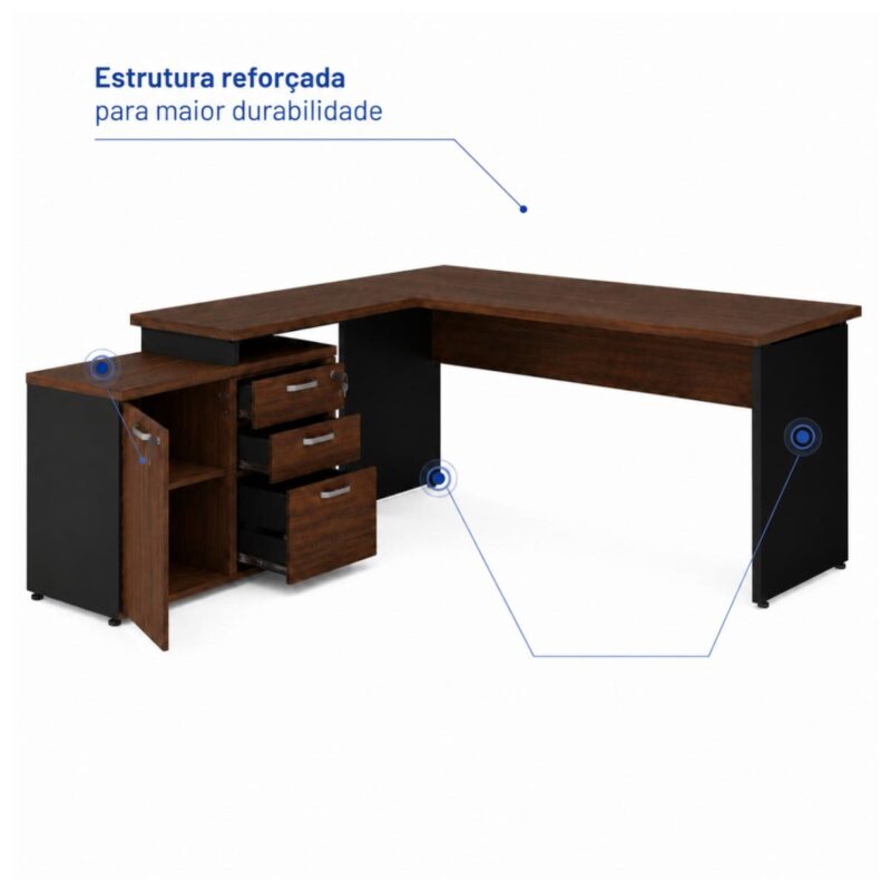 Móveis para Escritório Mesa Escritório em "L" - 1,70x1,50m (Extensível) - com Armário Misto (03 Gav.) - Louro / Preto - 23489