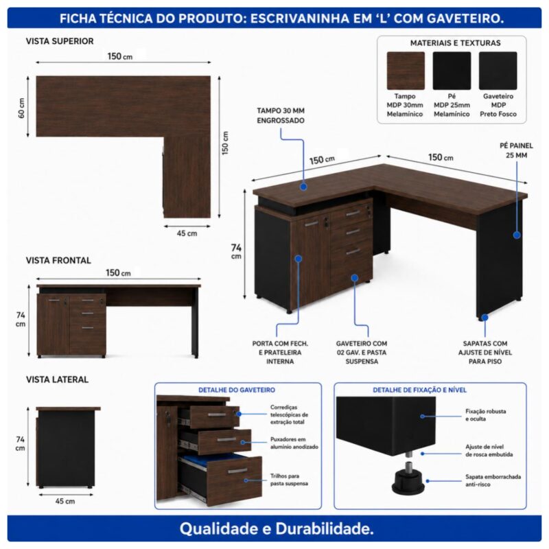 Móveis para Escritório Mesa Escritório em "L" - 1,50x1,50m (Extensível) - com Armário Misto (03 Gav.) - Louro / Preto - 23482