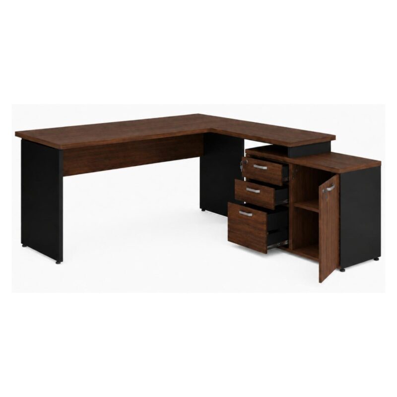 Móveis para Escritório Mesa Escritório em "L" - 1,70x1,50m (Extensível) - com Armário Misto (03 Gav.) - Louro / Preto - 23489