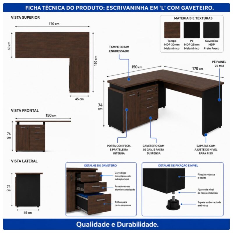 Móveis para Escritório Mesa Escritório em "L" - 1,70x1,50m (Extensível) - com Armário Misto (03 Gav.) - Louro / Preto - 23489