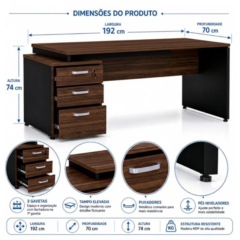 Móveis para Escritório Mesa de Escritório Diretor com 3 Gavetas 192x70cm