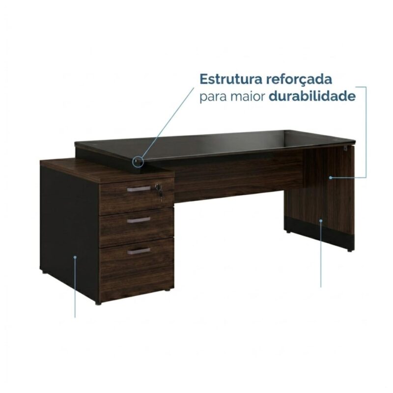 Móveis para Escritório Mesa para Escritório 192cm com Vidro Gaveteiro e Chave