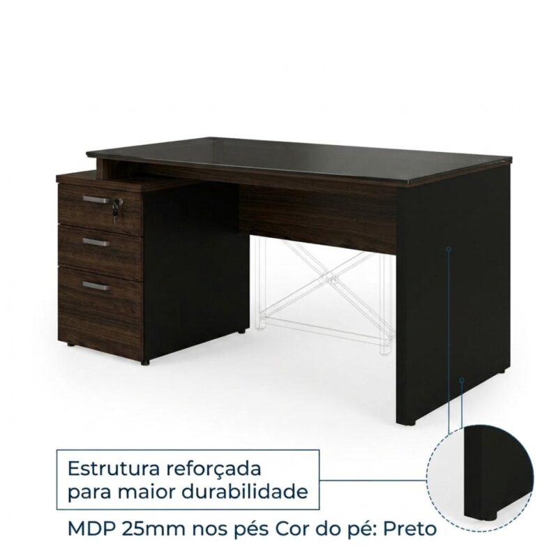Móveis para Escritório Mesa para Escritório 192cm com Vidro Gaveteiro e Chave