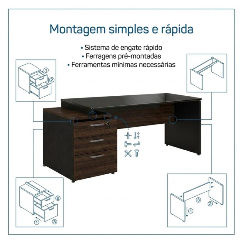 Móveis para Escritório Mesa para Escritório 192cm com Vidro Gaveteiro e Chave