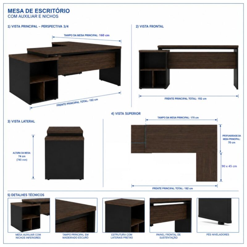 Móveis para Escritório Mesa de Escritório em L 192cm com Nichos Organizadores