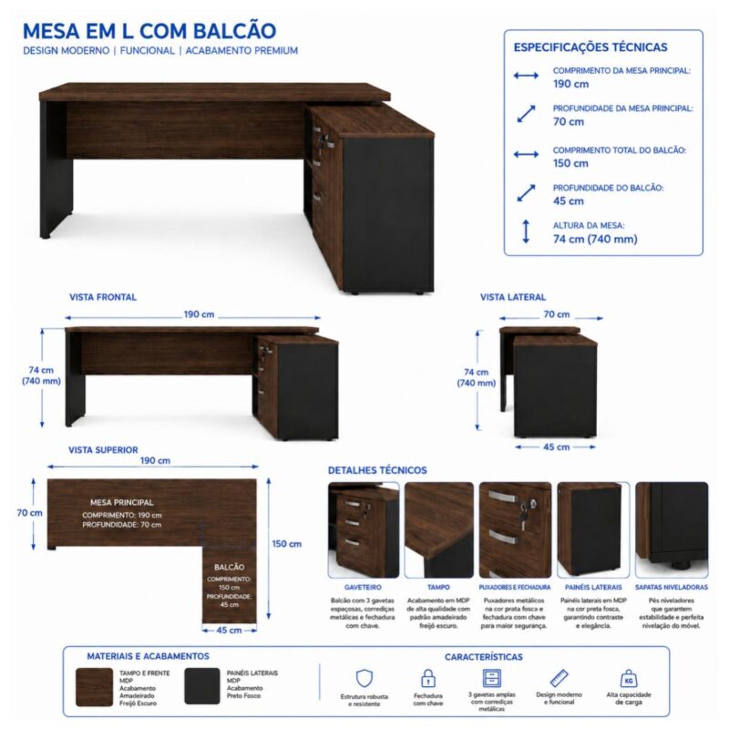 Móveis para Escritório Mesa para Escritório 190cm com Gaveteiro e Armário