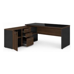 Mesa Escritório 190cm com Vidro Gaveteiro e Armário