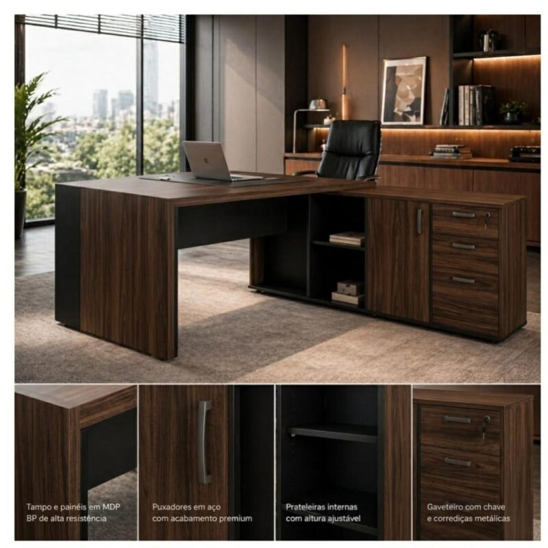 Móveis para Escritório Mesa para Escritório com Gaveteiro, Armário e Chave 182x180cm