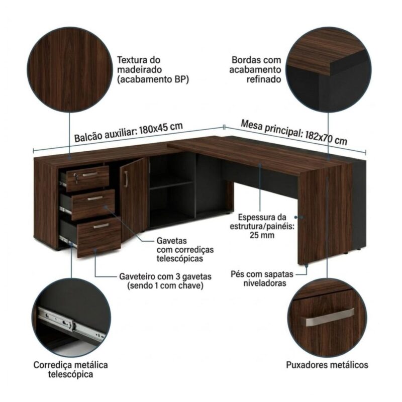 Móveis para Escritório Mesa para Escritório com Gaveteiro, Armário e Chave 182x180cm