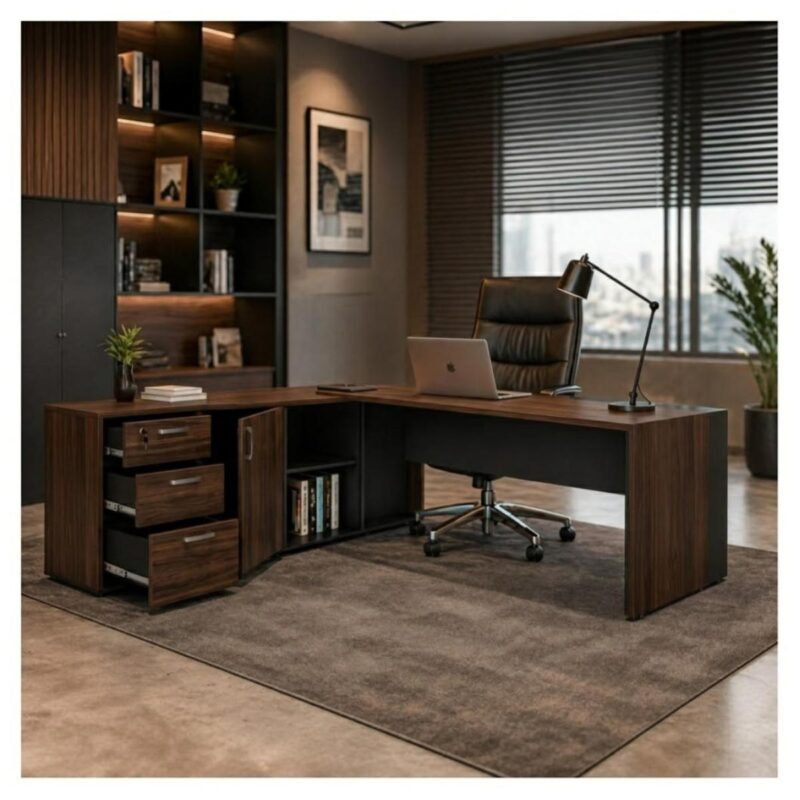 Móveis para Escritório Mesa para Escritório com Gaveteiro, Armário e Chave 182x180cm