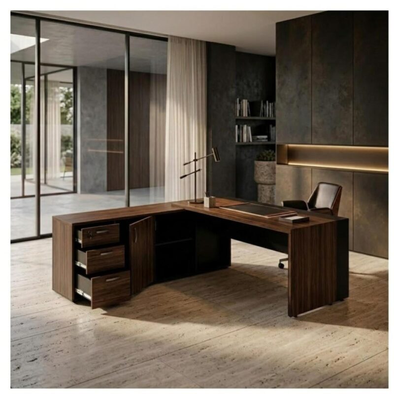 Móveis para Escritório Mesa para Escritório com Gaveteiro, Armário e Chave 182x180cm