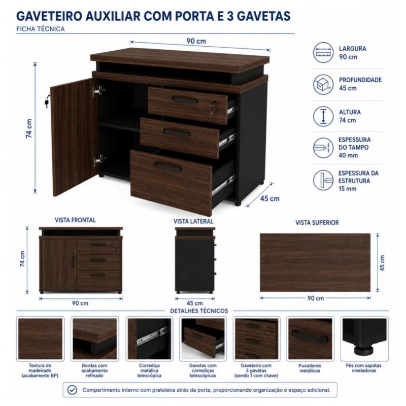 Móveis para Escritório Gaveteiro Escritório Porta e 3 Gavetas 90cm